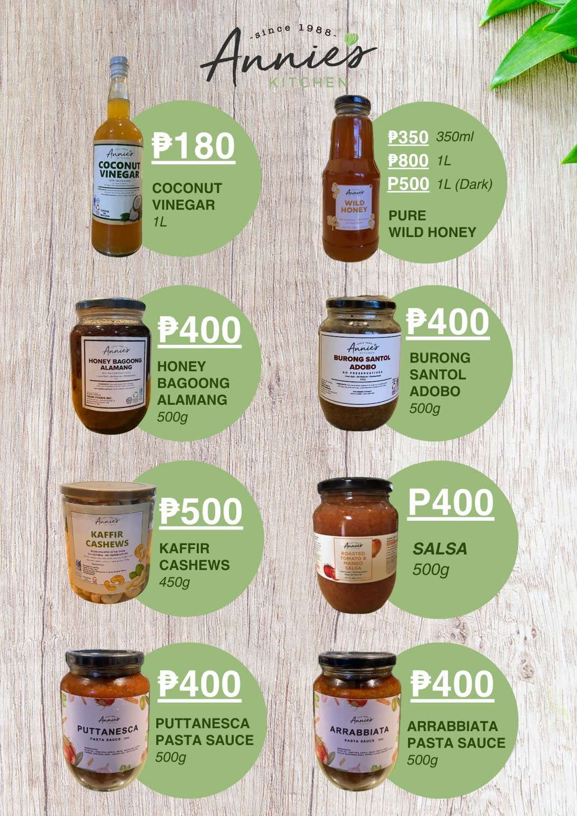 Annie’s Kitchen products, including coconut vinegar, wild honey, bagoong, burong santol, kaffir cashews, salsa, and pasta sauces.